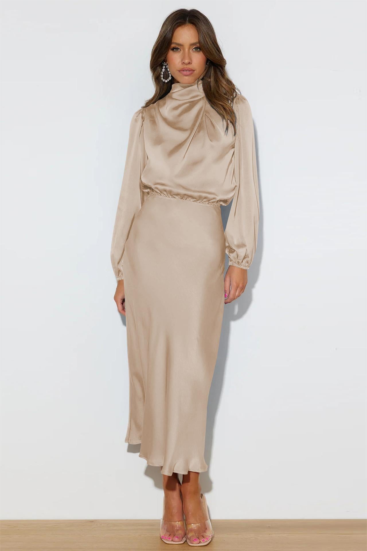 Helen Satin High Neck Long Sleeve Midi Dress