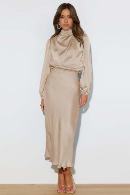 Helen Satin High Neck Long Sleeve Midi Dress
