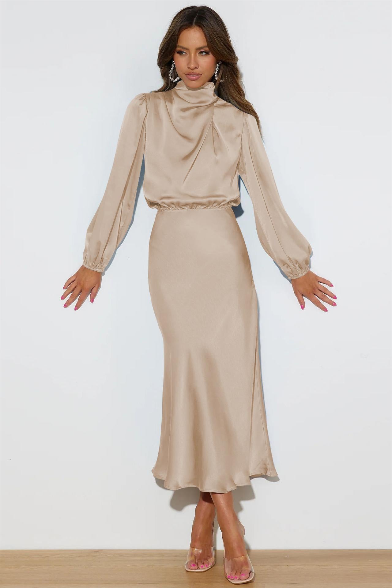 Helen Satin High Neck Long Sleeve Midi Dress