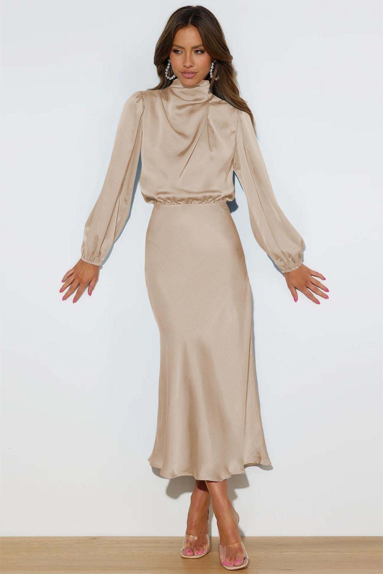 Helen Satin High Neck Long Sleeve Midi Dress