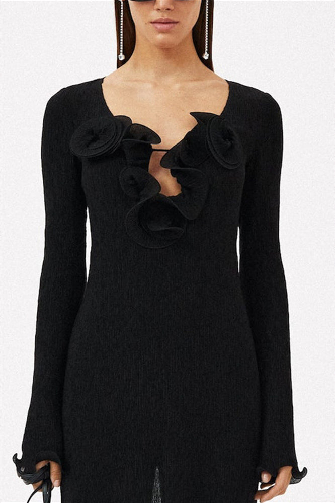 Sandy 3D Flower Long Sleeve V-Neck Split Maxi Dress Black