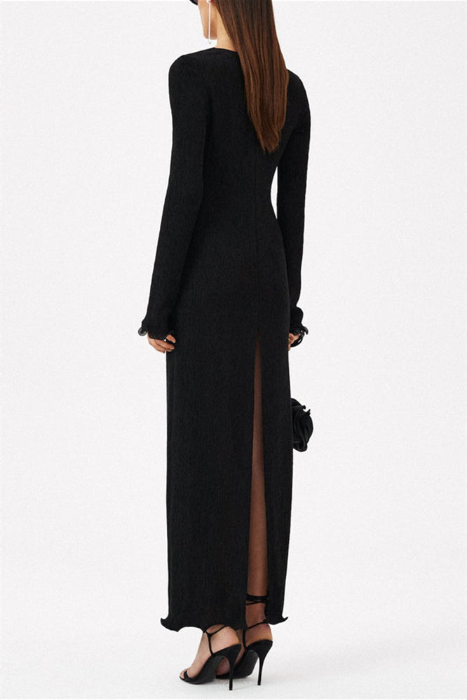 Sandy 3D Flower Long Sleeve V-Neck Split Maxi Dress Black