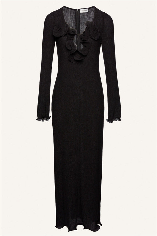 Sandy 3D Flower Long Sleeve V-Neck Split Maxi Dress Black