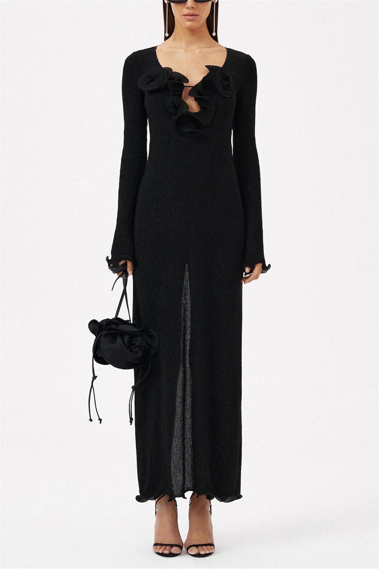 Sandy 3D Flower Long Sleeve V-Neck Split Maxi Dress Black