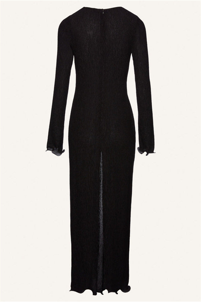 Sandy 3D Flower Long Sleeve V-Neck Split Maxi Dress Black