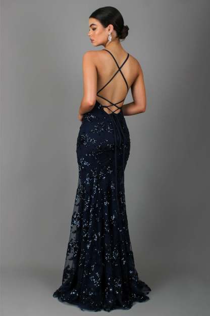 Jennifer Sequin V-Neck Backless Maxi Dress