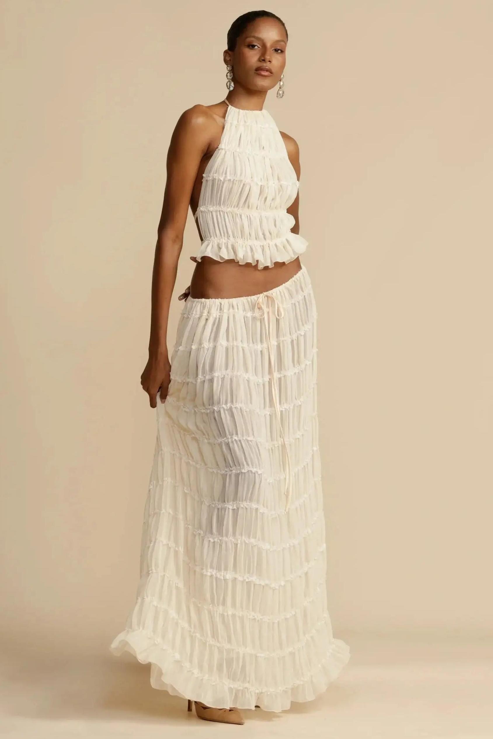 Eldora Smocking Halter Neck Backless Top & Mid Waist Maxi Skirt Set