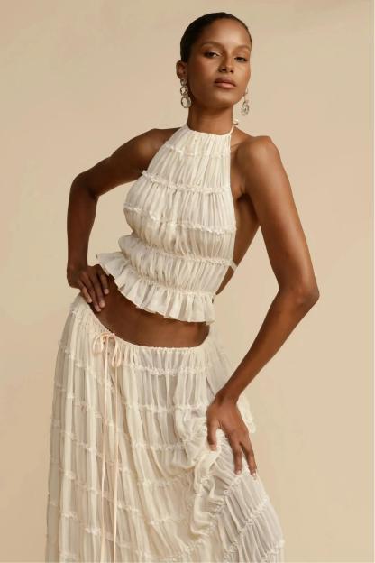 Eldora Smocking Halter Neck Backless Top & Mid Waist Maxi Skirt Set