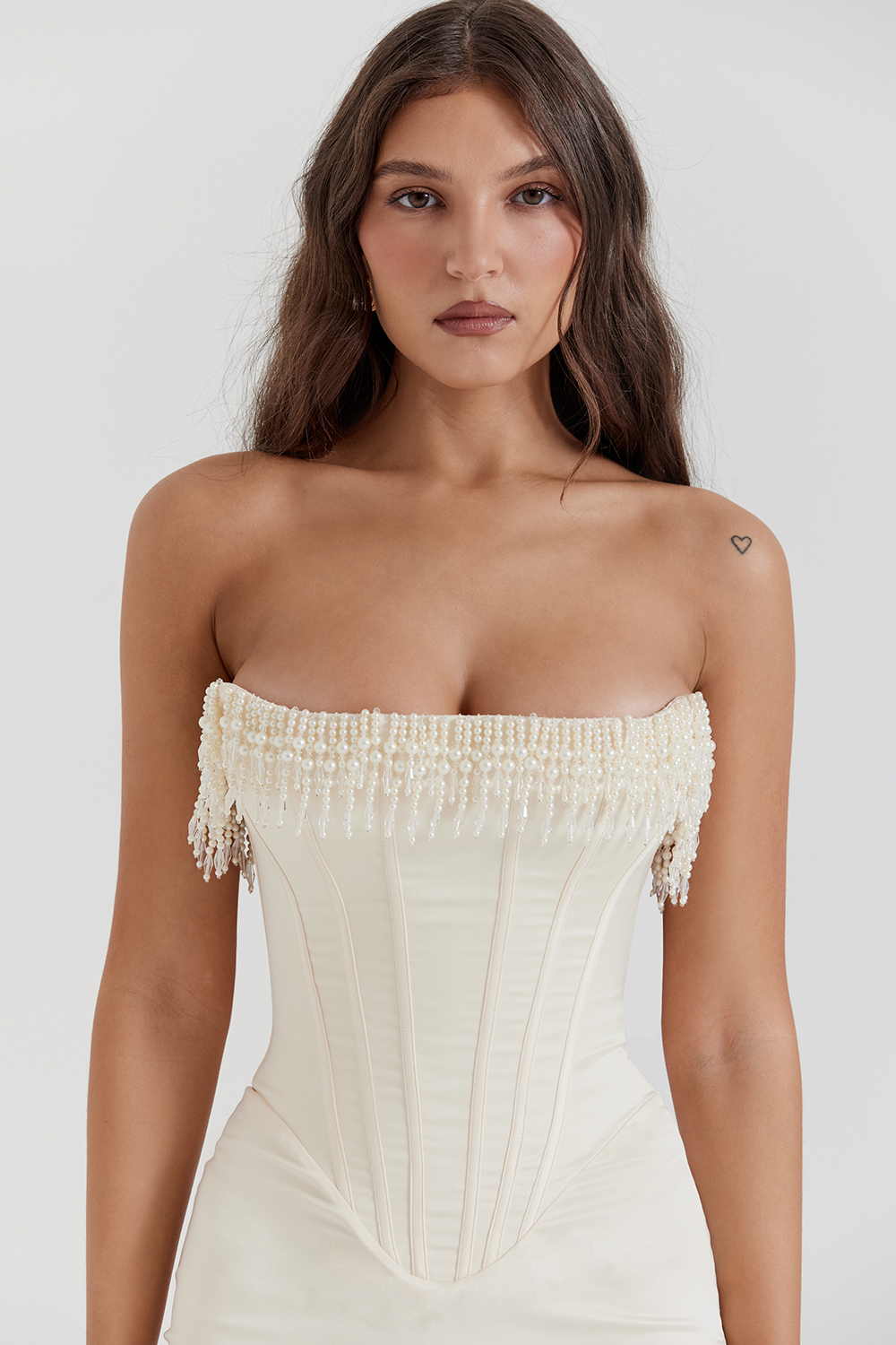 Isha Corset Strapless Faux Pearl Midi Dress