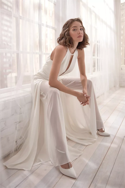 Sharon Halter Neck Embroidered Split Jumpsuit