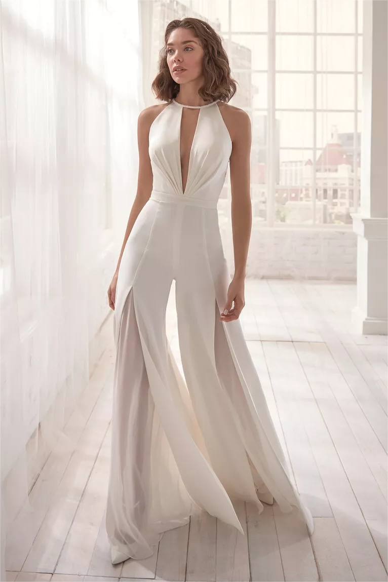 Sharon Halter Neck Embroidered Split Jumpsuit