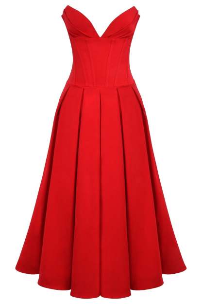 Evelyn Solid Strapless Sweetheart Neck Midi Dress