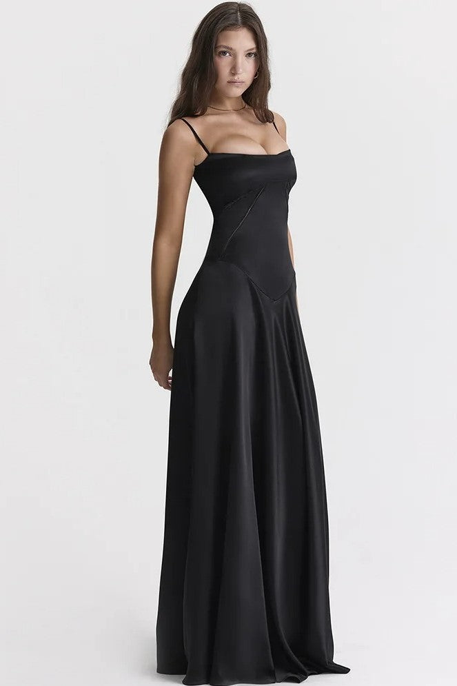 Raquel Satin Solid Lace Up Maxi Dress Black
