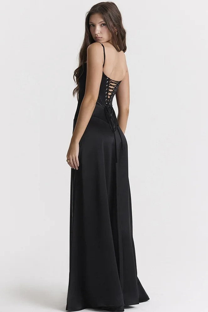 Raquel Satin Solid Lace Up Maxi Dress Black