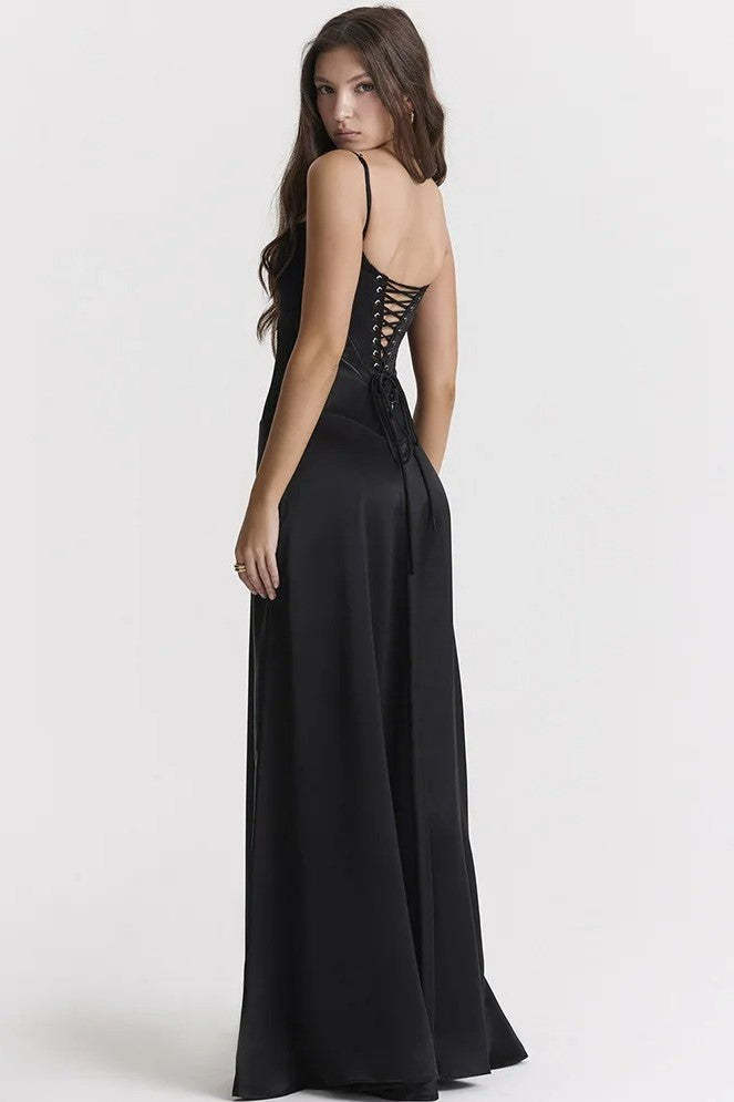 Raquel Satin Solid Lace Up Maxi Dress Black