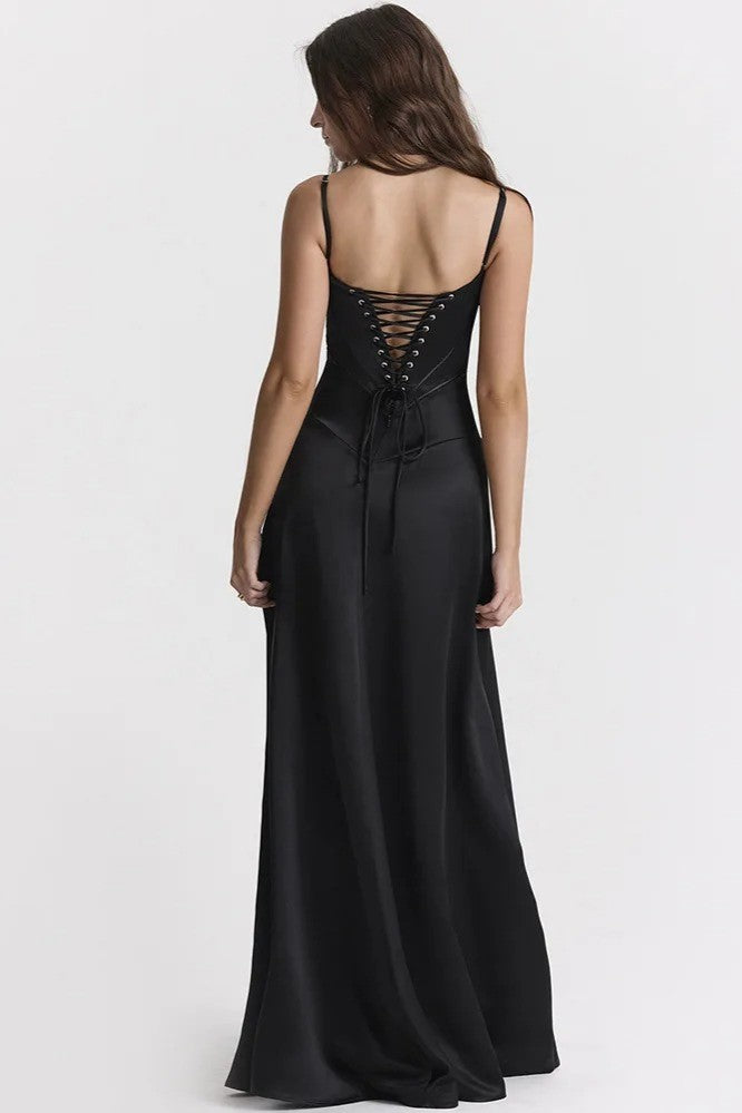 Raquel Satin Solid Lace Up Maxi Dress Black