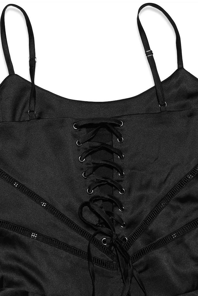 Raquel Satin Solid Lace Up Maxi Dress Black