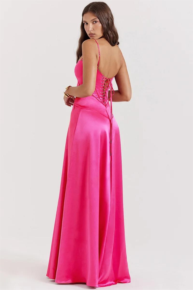 Kyra Satin Solid Lace Up Maxi Dress Fuchsia