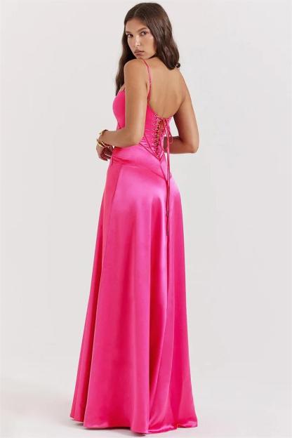 Kyra Satin Solid Lace Up Maxi Dress Fuchsia