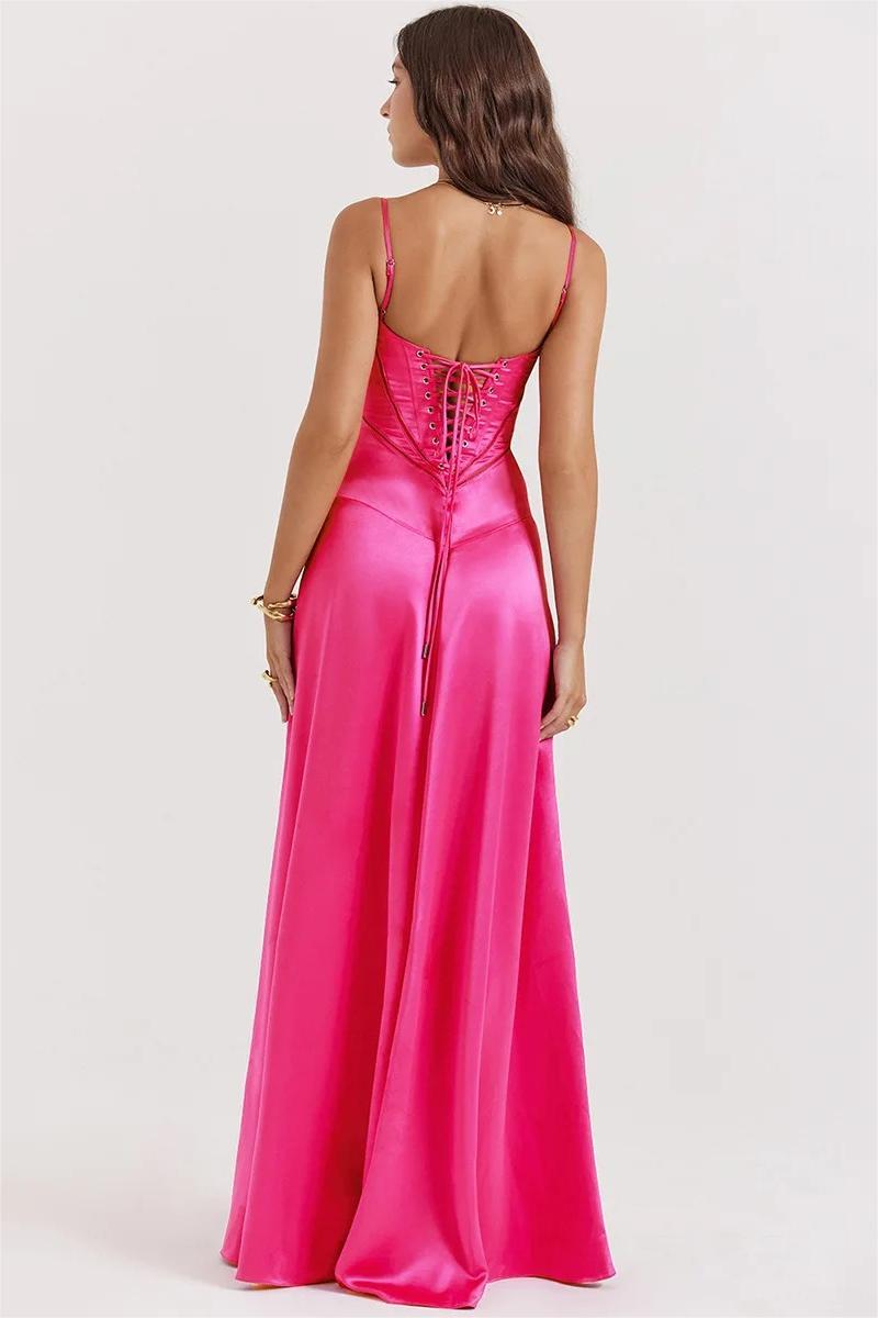 Kyra Satin Solid Lace Up Maxi Dress Fuchsia