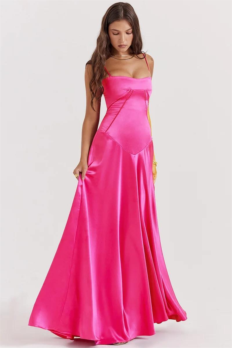 Kyra Satin Solid Lace Up Maxi Dress Fuchsia