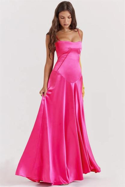 Kyra Satin Solid Lace Up Maxi Dress Fuchsia