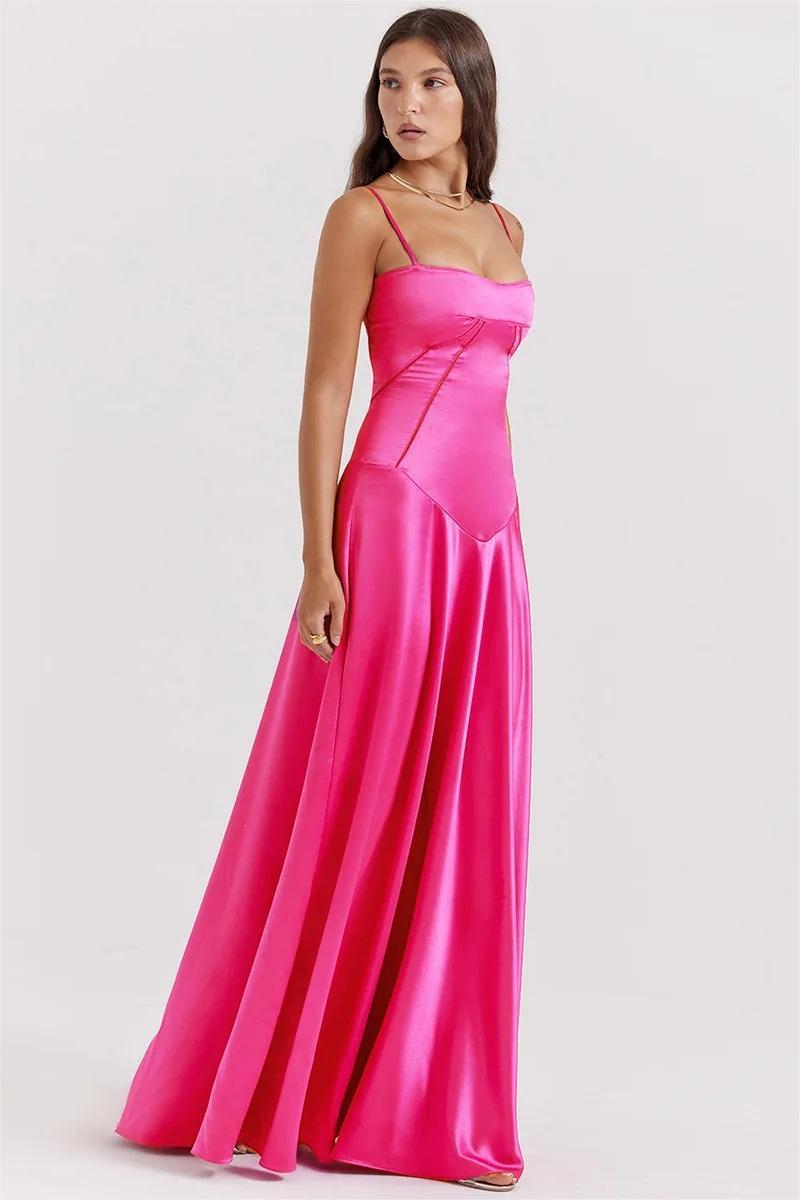 Kyra Satin Solid Lace Up Maxi Dress Fuchsia