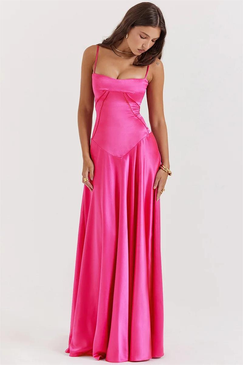 Kyra Satin Solid Lace Up Maxi Dress Fuchsia