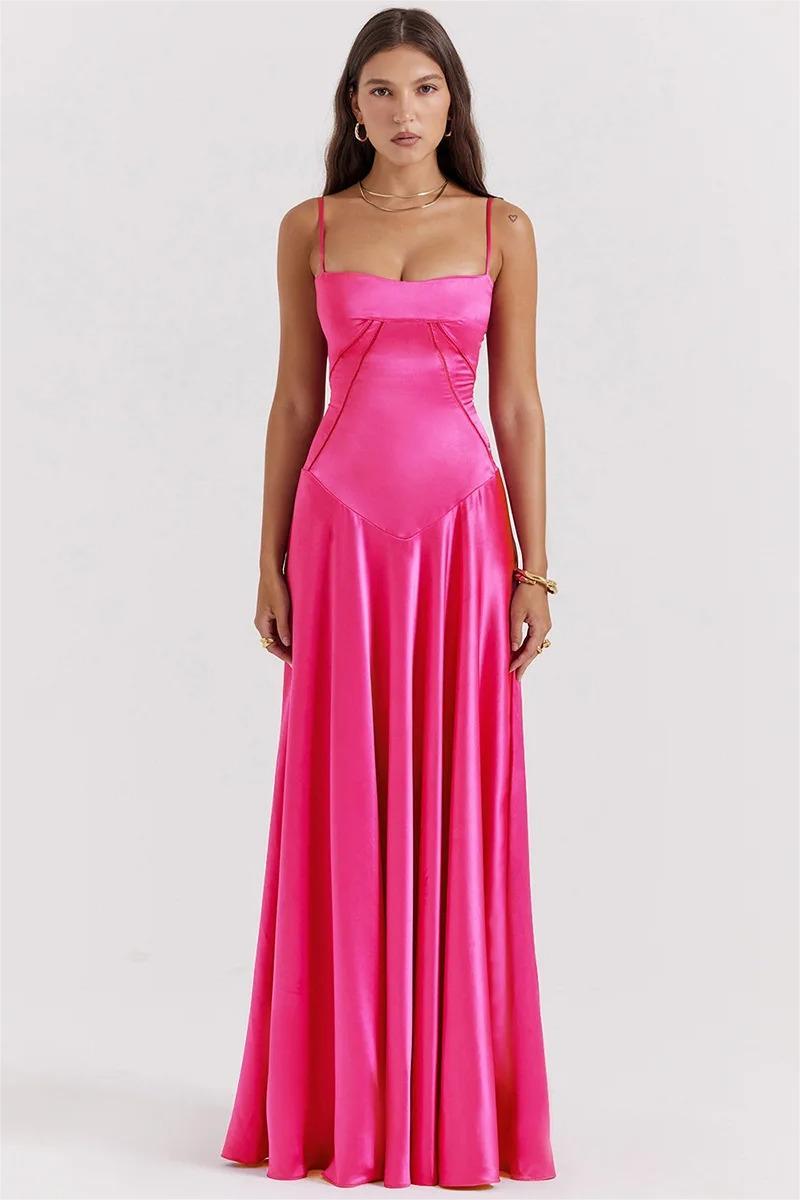 Kyra Satin Solid Lace Up Maxi Dress Fuchsia