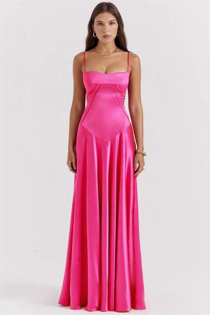 Kyra Satin Solid Lace Up Maxi Dress Fuchsia
