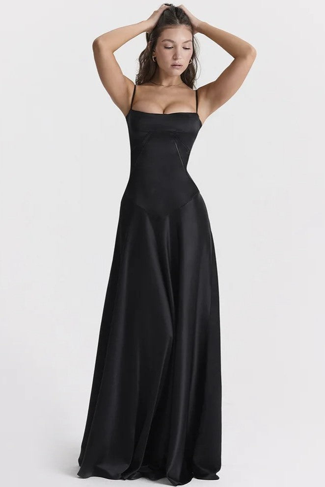 Raquel Satin Solid Lace Up Maxi Dress Black