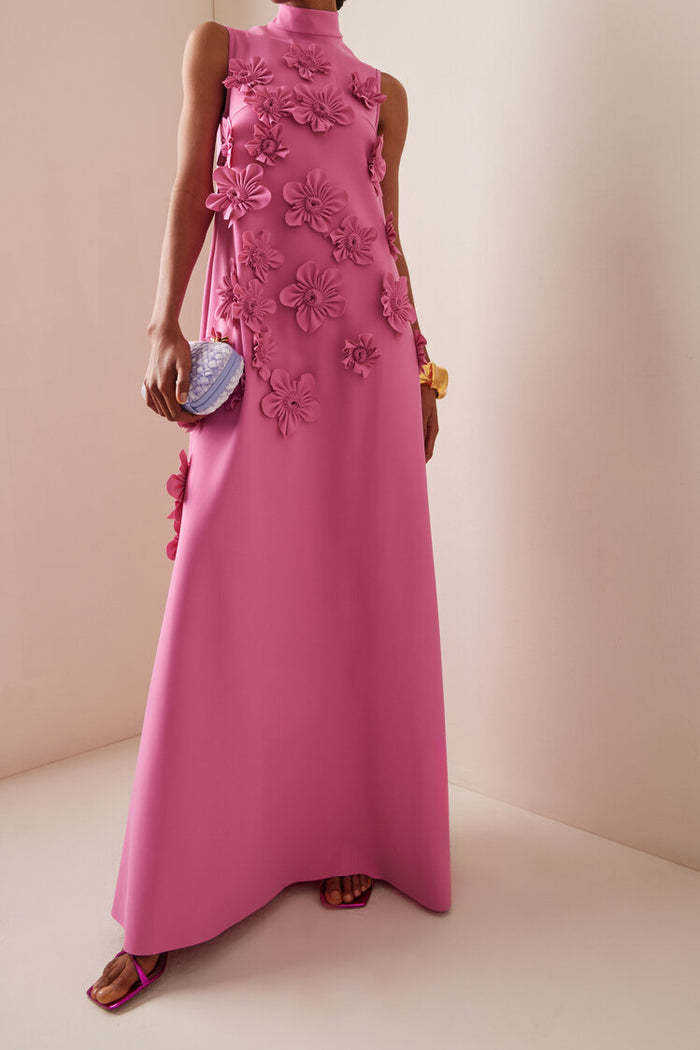 Joanna Pink 3D Floral High Neck Sleeveless Maxi Dress