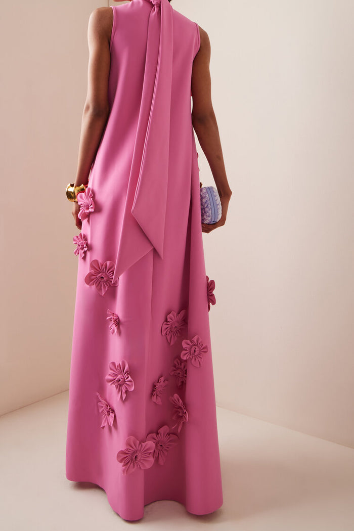 Joanna Pink 3D Floral High Neck Sleeveless Maxi Dress
