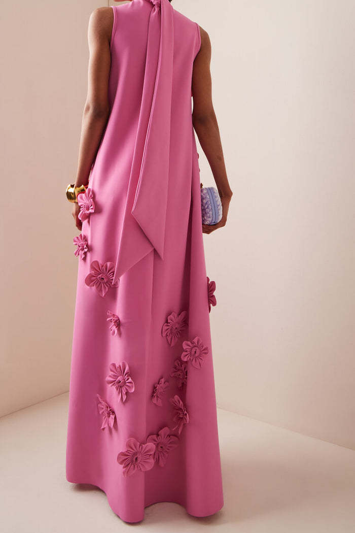 Joanna Pink 3D Floral High Neck Sleeveless Maxi Dress