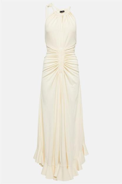 Yvette Knit Solid Shirring Lace Up Maxi Dress