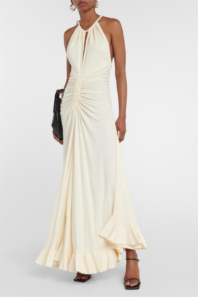 Yvette Knit Solid Shirring Lace Up Maxi Dress