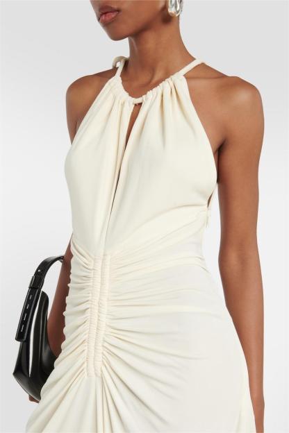 Yvette Knit Solid Shirring Lace Up Maxi Dress