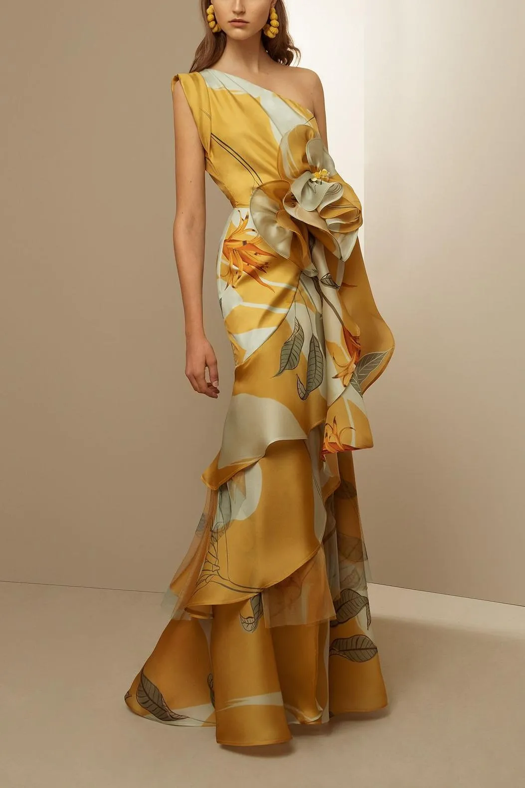 Esther 3D Floral One-Shoulder Ruffle Maxi Dress