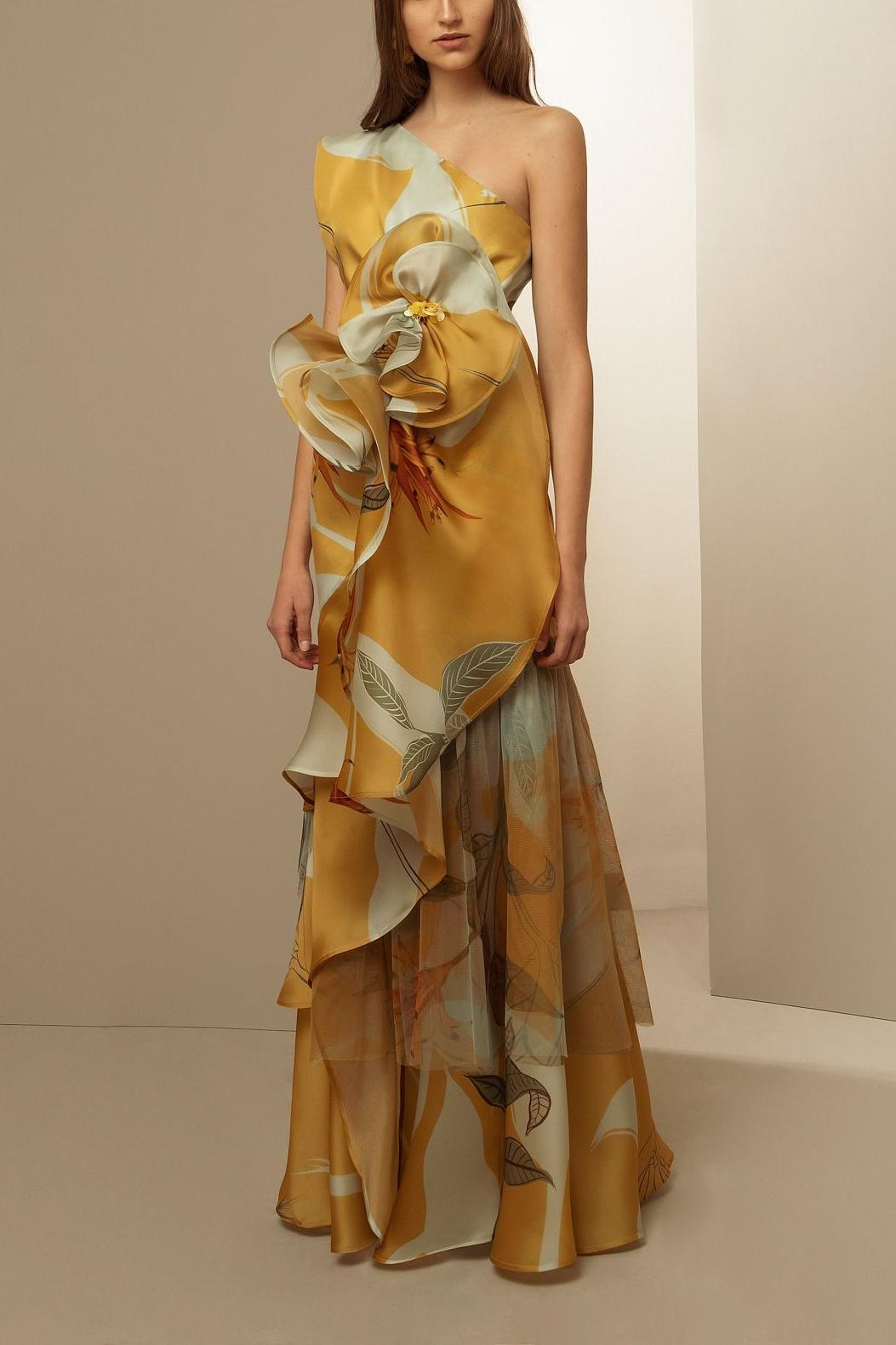 Esther 3D Floral One-Shoulder Ruffle Maxi Dress