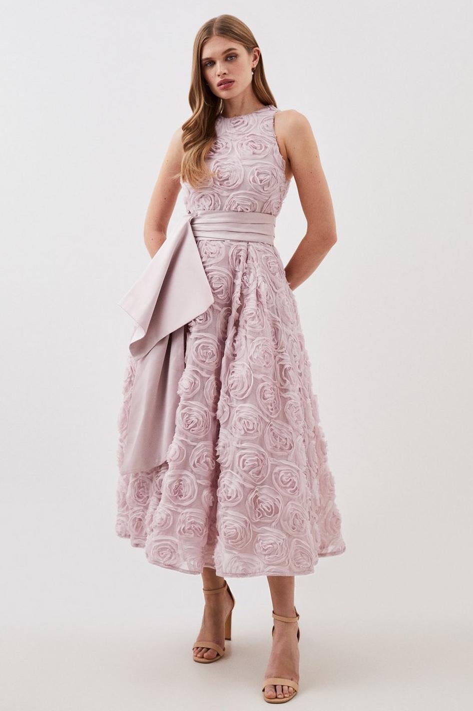 Clea 3D Floral Sleeveless Midi Dress With Belt