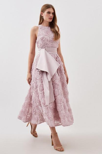 Clea 3D Floral Sleeveless Midi Dress With Belt