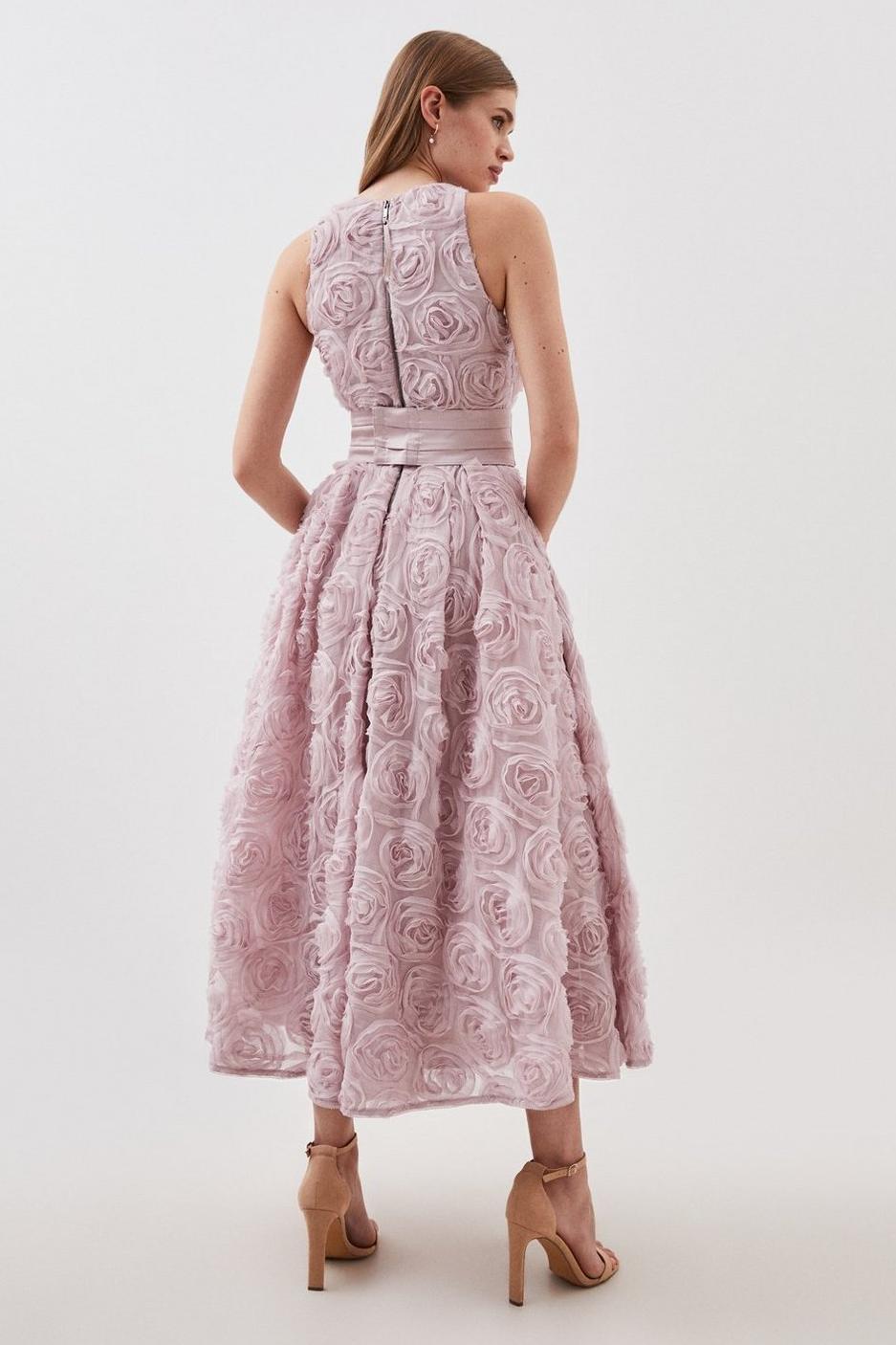 Clea 3D Floral Sleeveless Midi Dress With Belt