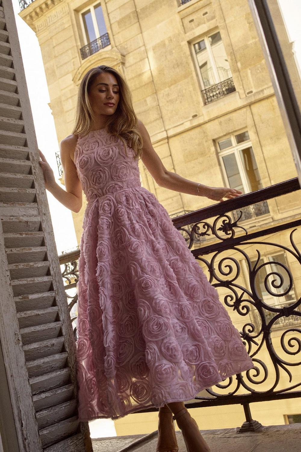 Clea 3D Floral Sleeveless Midi Dress With Belt