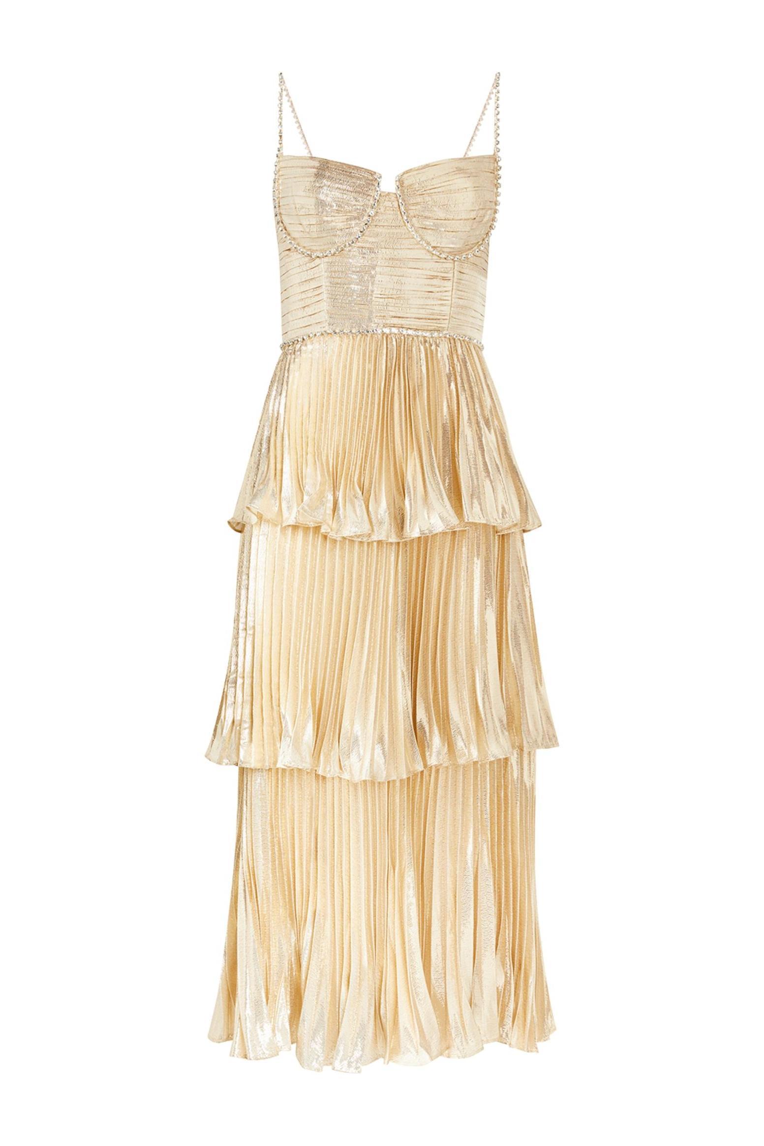 Elly Rhinestone Sleeveless Pleat Solid Midi Dress