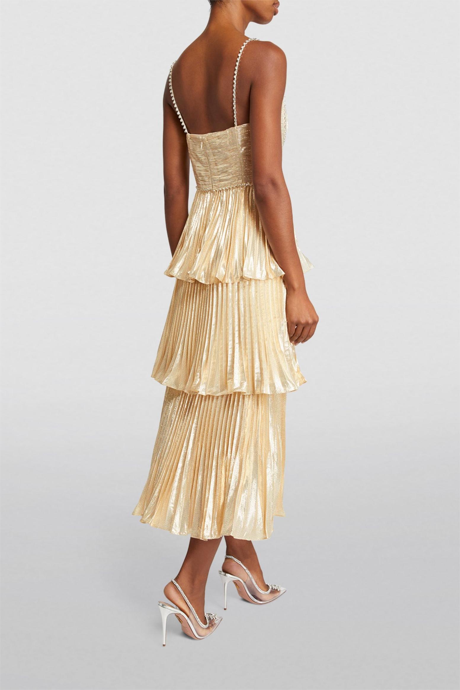 Elly Rhinestone Sleeveless Pleat Solid Midi Dress