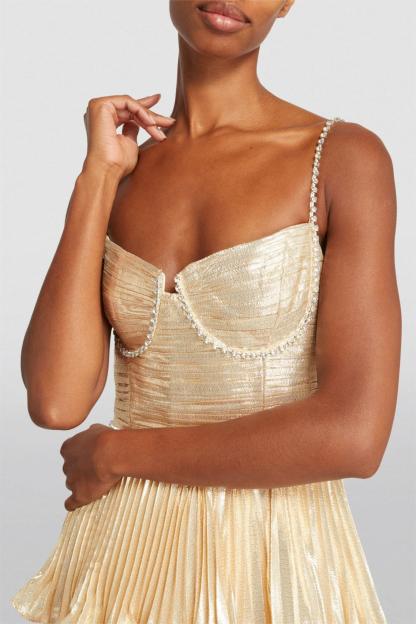 Elly Rhinestone Sleeveless Pleat Solid Midi Dress