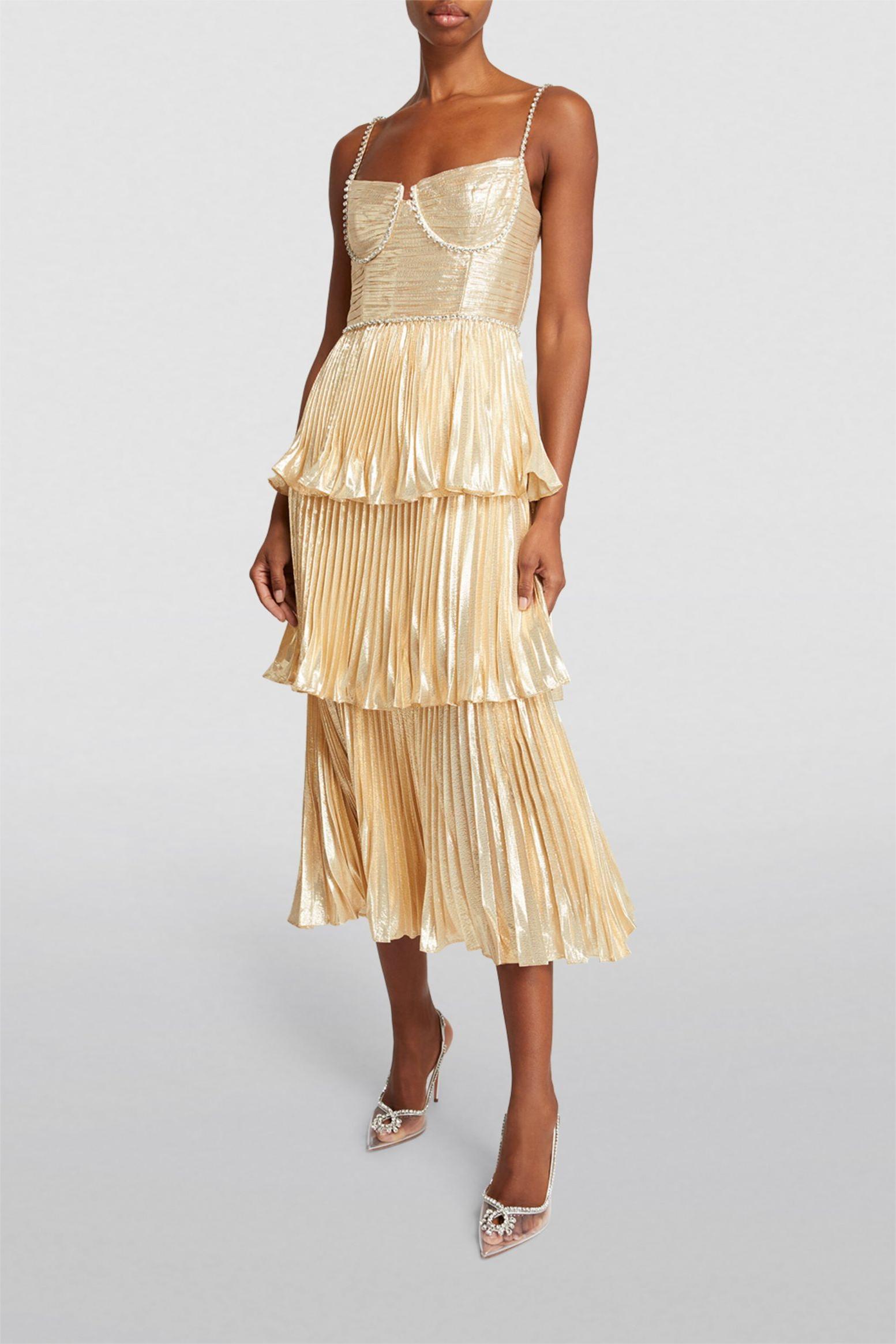 Elly Rhinestone Sleeveless Pleat Solid Midi Dress