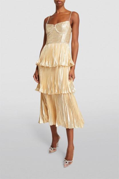 Elly Rhinestone Sleeveless Pleat Solid Midi Dress