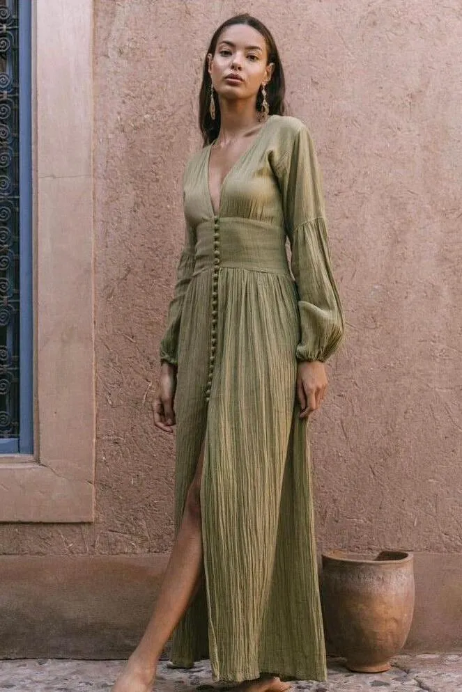 Karla V-Neck Lantern Sleeve Button Midi Dress Green