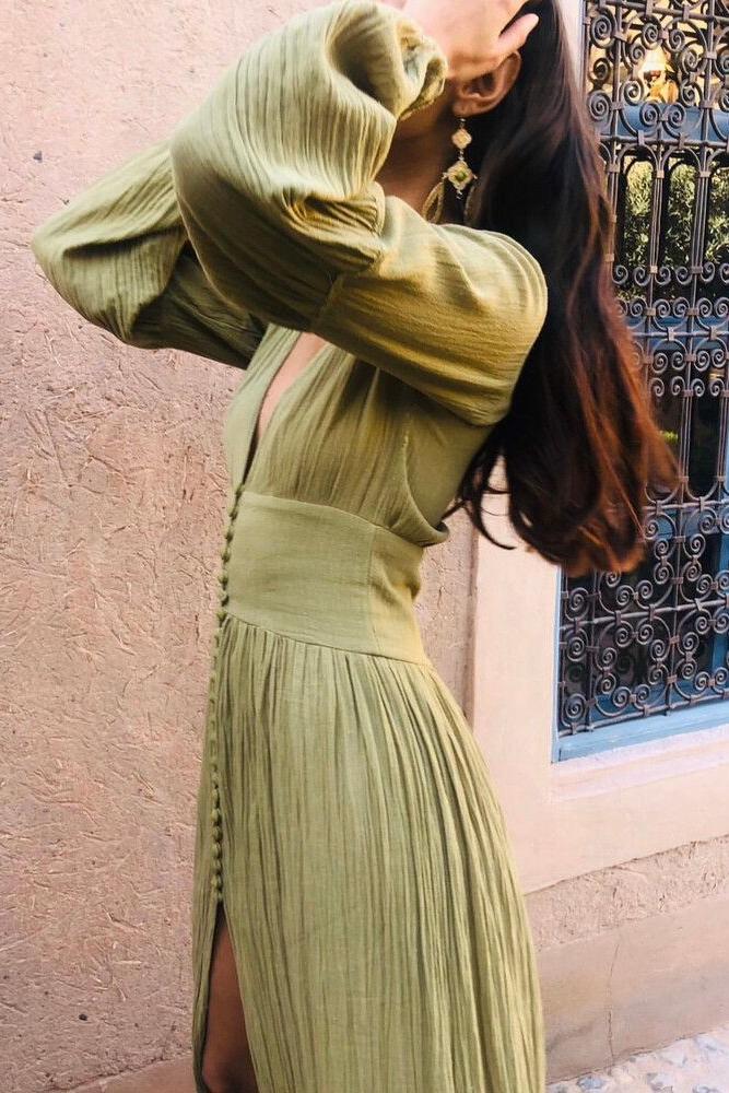 Karla V-Neck Lantern Sleeve Button Midi Dress Green